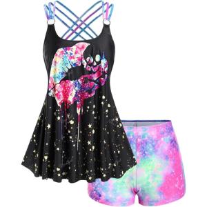 ROSE GAL Rosegal Womens Plus Size Lip Printed Padded Boyleg Strappy Tankini Swimsuit(Black_8)