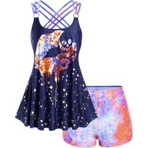 ROSE GAL Rosegal Womens Plus Size Lip Printed Padded Boyleg Strappy Tankini Swimsuit(Blue_1)