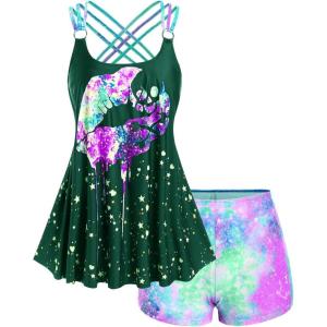 ROSE GAL Rosegal Womens Plus Size Lip Printed Padded Boyleg Strappy Tankini Swimsuit(Green_1)