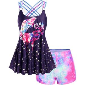 ROSE GAL Rosegal Womens Plus Size Lip Printed Padded Boyleg Strappy Tankini Swimsuit(Purple_1)