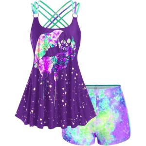 ROSE GAL Rosegal Womens Plus Size Lip Printed Padded Boyleg Strappy Tankini Swimsuit(Purple_2)