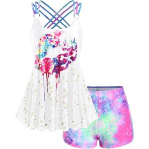 ROSE GAL Rosegal Womens Plus Size Lip Printed Padded Boyleg Strappy Tankini Swimsuit(White_1)