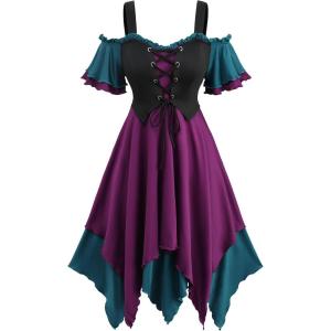 ROSE GAL Women Plus Medieval Renaissance Costume Dress Cold Shoulder Ruffles Layered Lace-up Underbust Corset Dress(Purple_1)