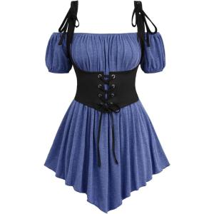 ROSE GAL Women Plus Size Gothic Off The Shoulder Top Medieval Renaissance Corset Shirt Top(Blue_1)