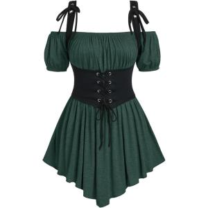 ROSE GAL Women Plus Size Gothic Off The Shoulder Top Medieval Renaissance Corset Shirt Top(Green_1)