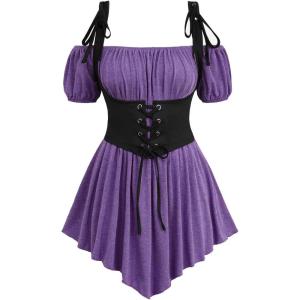 ROSE GAL Women Plus Size Gothic Off The Shoulder Top Medieval Renaissance Corset Shirt Top(Purple_2)