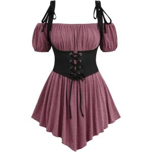 ROSE GAL Women Plus Size Gothic Off The Shoulder Top Medieval Renaissance Corset Shirt Top(Red_1)