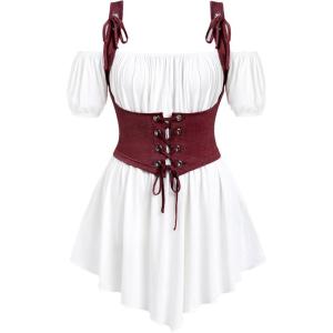 ROSE GAL Women Plus Size Gothic Off The Shoulder Top Medieval Renaissance Corset Shirt Top(White_4)