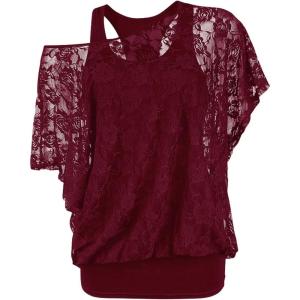 ROSE GAL Women Plus Size Skew Neck Sheer Lace Blouse and Racerback Tank Top Casual Crew Neck T-Shirt Summer Tops(Deep Red_5)