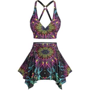 ROSE GAL Women Plus Size Tribal Mandala Print Bikini Two Piece Swimsuit with Skirt Tummy Control Bathing Suit(Purple)