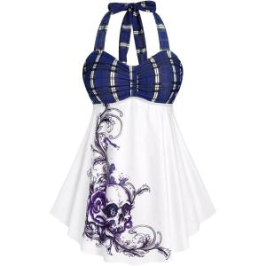ROSE GAL Womens Plus Size Curve Halter Plaid Skull Print Backless Gothic Modest Tankini Swimsuit Set(Blue)