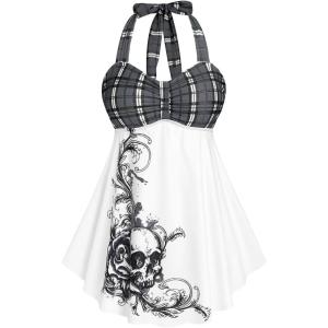 ROSE GAL Womens Plus Size Curve Halter Plaid Skull Print Backless Gothic Modest Tankini Swimsuit Set(Dark Gray)