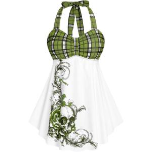 ROSE GAL Womens Plus Size Curve Halter Plaid Skull Print Backless Gothic Modest Tankini Swimsuit Set(Green_10)