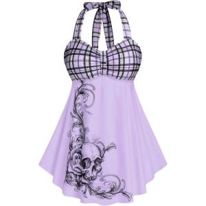 ROSE GAL Womens Plus Size Curve Halter Plaid Skull Print Backless Gothic Modest Tankini Swimsuit Set(Light Purple_1)