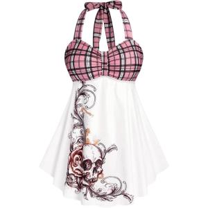 ROSE GAL Womens Plus Size Curve Halter Plaid Skull Print Backless Gothic Modest Tankini Swimsuit Set(Pink)