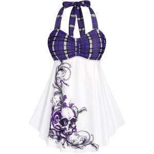 ROSE GAL Womens Plus Size Curve Halter Plaid Skull Print Backless Gothic Modest Tankini Swimsuit Set(Purple_1)