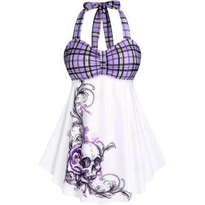 ROSE GAL Womens Plus Size Curve Halter Plaid Skull Print Backless Gothic Modest Tankini Swimsuit Set(White_2)