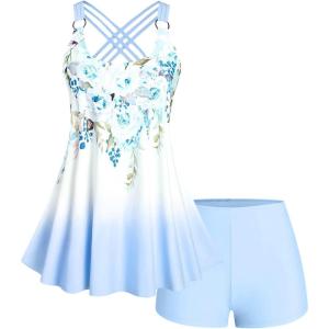 ROSE GAL Womens Plus Size Curve Ombre Color Floral Print Crisscross Modest Tankini Swimsuit Set(Blue_1)