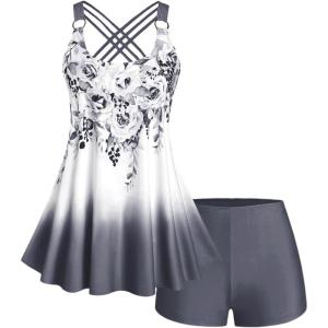 ROSE GAL Womens Plus Size Curve Ombre Color Floral Print Crisscross Modest Tankini Swimsuit Set(Gray_1)