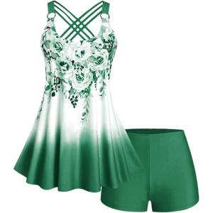 ROSE GAL Womens Plus Size Curve Ombre Color Floral Print Crisscross Modest Tankini Swimsuit Set(Green_3)