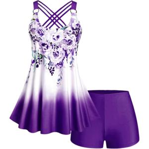 ROSE GAL Womens Plus Size Curve Ombre Color Floral Print Crisscross Modest Tankini Swimsuit Set(Purple_1)