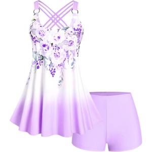ROSE GAL Womens Plus Size Curve Ombre Color Floral Print Crisscross Modest Tankini Swimsuit Set(Purple_2)