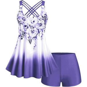 ROSE GAL Womens Plus Size Curve Ombre Color Floral Print Crisscross Modest Tankini Swimsuit Set(Purple_3)