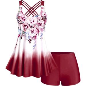 ROSE GAL Womens Plus Size Curve Ombre Color Floral Print Crisscross Modest Tankini Swimsuit Set(Red_1)