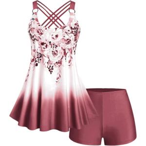 ROSE GAL Womens Plus Size Curve Ombre Color Floral Print Crisscross Modest Tankini Swimsuit Set(Red_3)