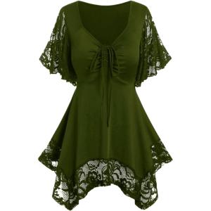 ROSE GAL Women’s Plus Size Flower Lace T-Shirt Curve Flower Lace Insert Criss Cross Batwing Sleeve Handkerchief Top(Army Green)