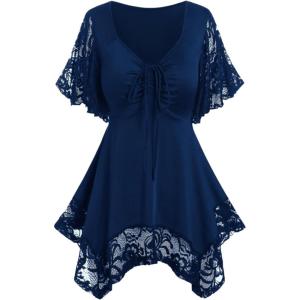 ROSE GAL Women’s Plus Size Flower Lace T-Shirt Curve Flower Lace Insert Criss Cross Batwing Sleeve Handkerchief Top(Blue)