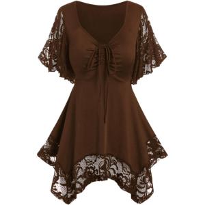 ROSE GAL Women’s Plus Size Flower Lace T-Shirt Curve Flower Lace Insert Criss Cross Batwing Sleeve Handkerchief Top(Coffee)