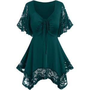 ROSE GAL Women’s Plus Size Flower Lace T-Shirt Curve Flower Lace Insert Criss Cross Batwing Sleeve Handkerchief Top(Peacock Blue)