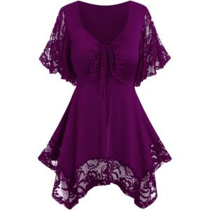 ROSE GAL Women’s Plus Size Flower Lace T-Shirt Curve Flower Lace Insert Criss Cross Batwing Sleeve Handkerchief Top(Purple)