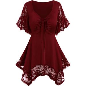ROSE GAL Women’s Plus Size Flower Lace T-Shirt Curve Flower Lace Insert Criss Cross Batwing Sleeve Handkerchief Top(Red)