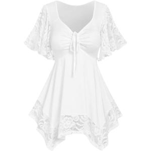 ROSE GAL Women’s Plus Size Flower Lace T-Shirt Curve Flower Lace Insert Criss Cross Batwing Sleeve Handkerchief Top(White)