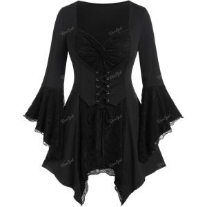 ROSE GAL Womens Plus Size Gothic Bell Sleeve Skull Lace Handkerchief Tee(Black_100)