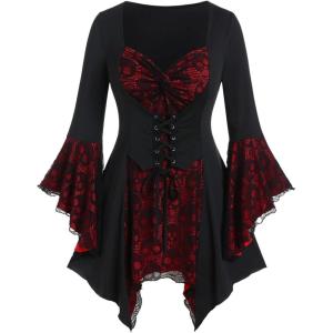 ROSE GAL Womens Plus Size Gothic Bell Sleeve Skull Lace Handkerchief Tee(Black_15)