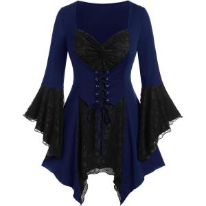 ROSE GAL Womens Plus Size Gothic Bell Sleeve Skull Lace Handkerchief Tee(Blue_1)
