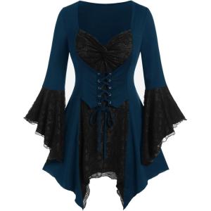 ROSE GAL Womens Plus Size Gothic Bell Sleeve Skull Lace Handkerchief Tee(Blue_3)