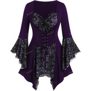 ROSE GAL Womens Plus Size Gothic Bell Sleeve Skull Lace Handkerchief Tee(Concord_100)