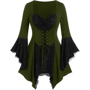 ROSE GAL Womens Plus Size Gothic Bell Sleeve Skull Lace Handkerchief Tee(Green_1)
