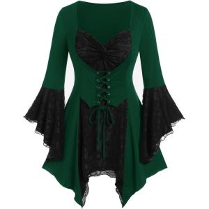 ROSE GAL Womens Plus Size Gothic Bell Sleeve Skull Lace Handkerchief Tee(Green_2)