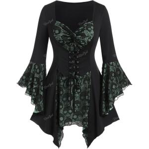 ROSE GAL Womens Plus Size Gothic Bell Sleeve Skull Lace Handkerchief Tee(Light Gree_100)