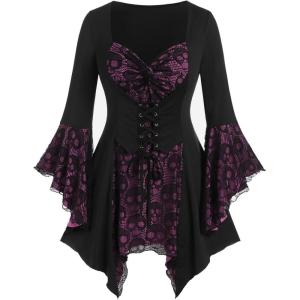 ROSE GAL Womens Plus Size Gothic Bell Sleeve Skull Lace Handkerchief Tee(Pink_1)