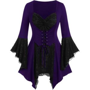 ROSE GAL Womens Plus Size Gothic Bell Sleeve Skull Lace Handkerchief Tee(Purple_1)