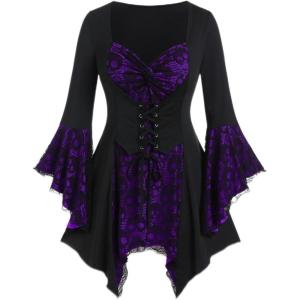 ROSE GAL Womens Plus Size Gothic Bell Sleeve Skull Lace Handkerchief Tee(Purple_100)