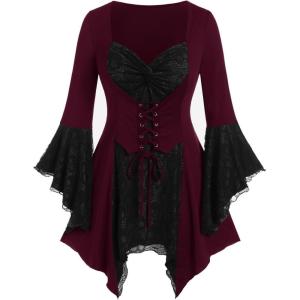 ROSE GAL Womens Plus Size Gothic Bell Sleeve Skull Lace Handkerchief Tee(Red_2)