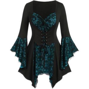ROSE GAL Womens Plus Size Gothic Bell Sleeve Skull Lace Handkerchief Tee(Sky Blue_100)