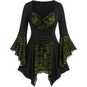ROSE GAL Womens Plus Size Gothic Bell Sleeve Skull Lace Handkerchief Tee(Yellow_1)